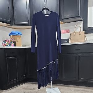 Chic Asymmetrical Navy Fringe Dress